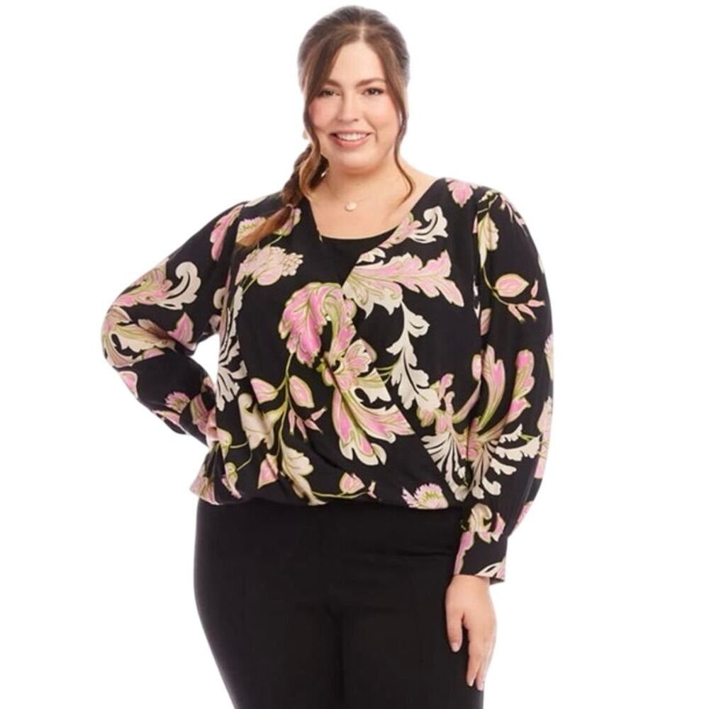 Karen Kane Plus Size 3X Drape Front Faux Wrap Top Blouse Floral Print